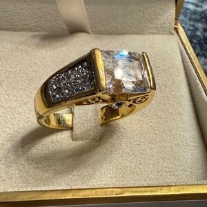 Gold electroplated, Ring with Clear Gemstone and Silver Accents